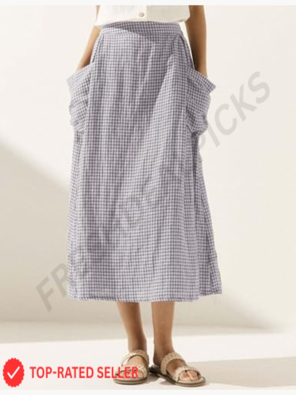 Plaid Midi Skirt Elastic Waist with Pockets Flowy Vintage A-Line - Picture 2 of 6